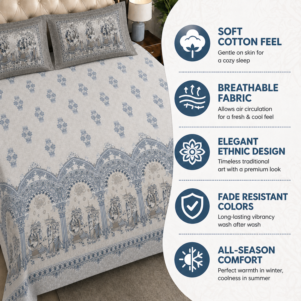 100% Pure Cotton Ethnic Blue Panel Print King Size Bedsheet Set with 2 Pillow Covers