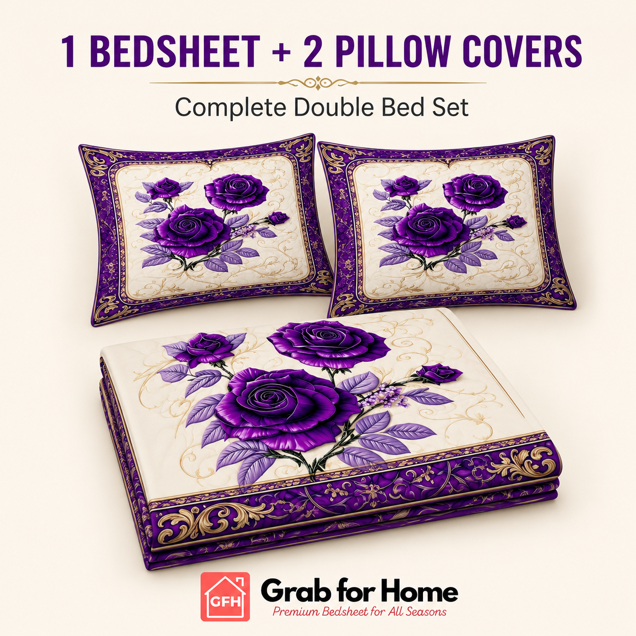 Royal White Purple Rose 7D Digital Print King Size Cotton Blend Bedsheet Set with 2 Pillow Covers
