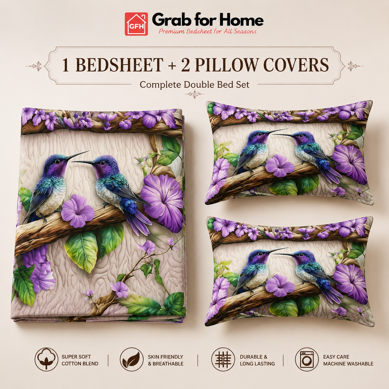 Hummingbird Blossom Garden 7D Digital Print King Size Cotton Blend Bedsheet Set with 2 Pillow Covers