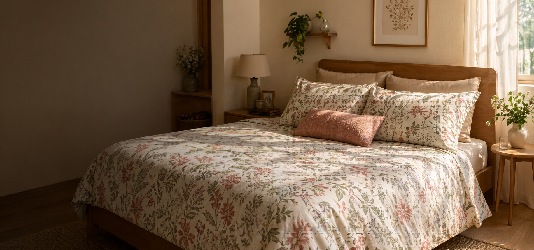 Soft floral bedsheet styled in an Indian bedroom