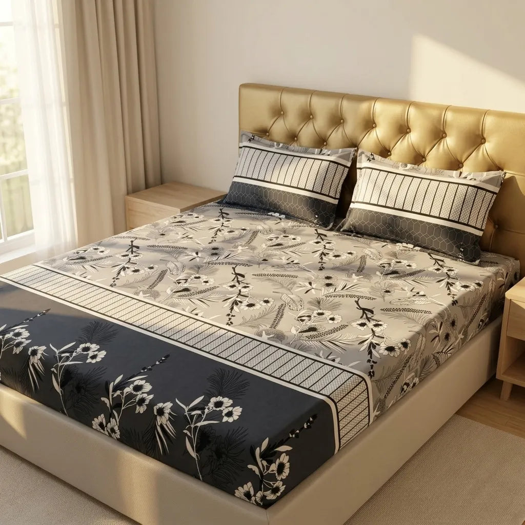 Grey & Blue Floral Double Bedsheet with Quilted Pillow Covers