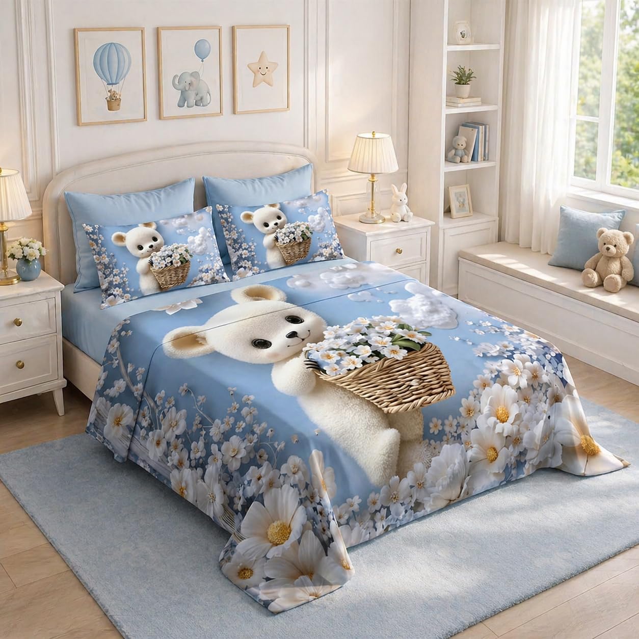 Cute Bunny 7D Digital Print King Size Cotton Blend Bedsheet Set with 2 Pillow Covers