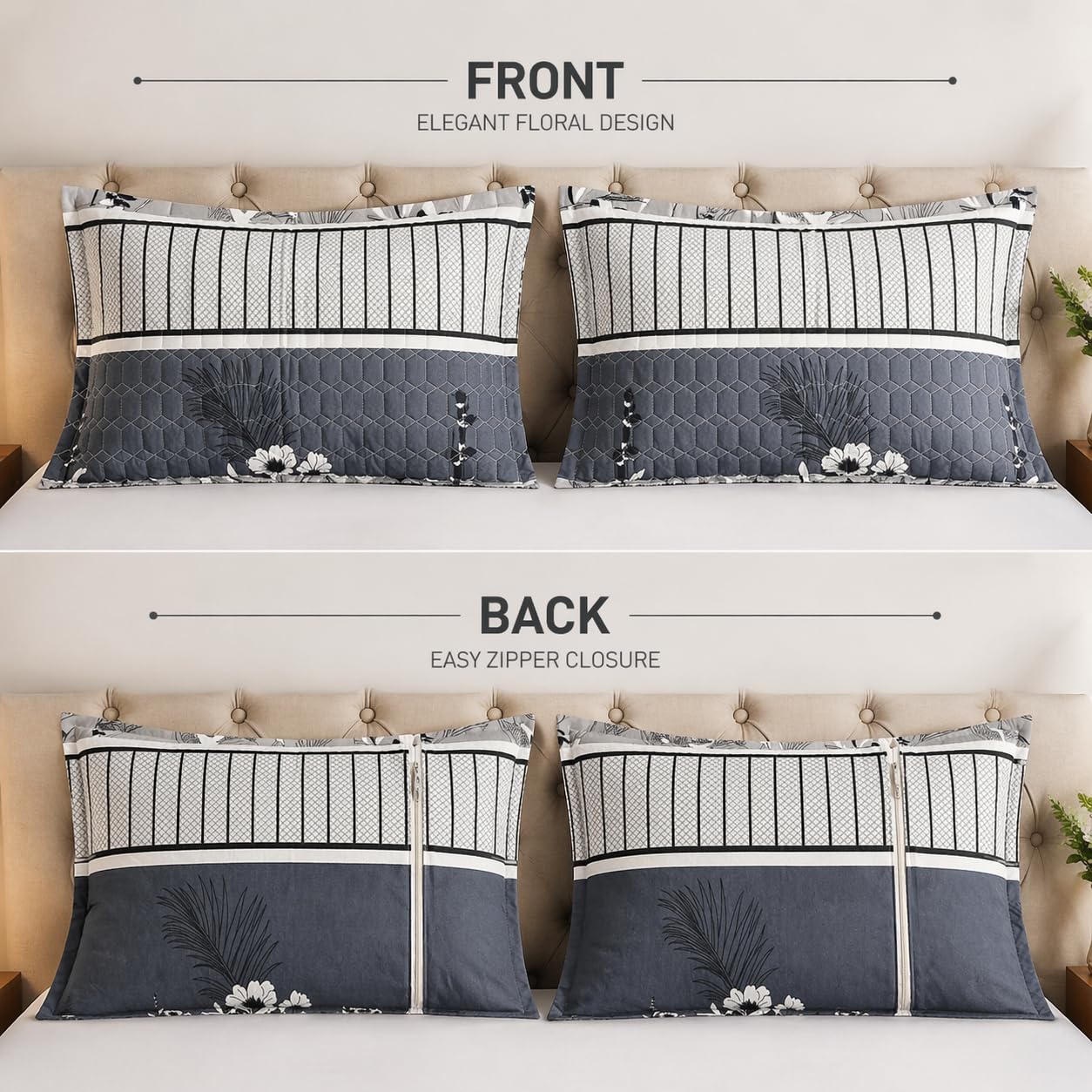 Grey & Blue Floral Double Bedsheet with Quilted Pillow Covers