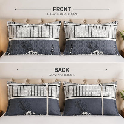 Grey & Blue Floral Double Bedsheet with Quilted Pillow Covers