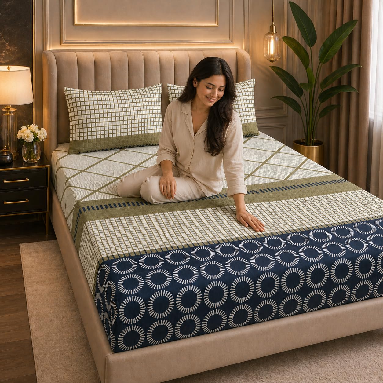 Premium Geometric Print Double Bedsheet Set with 2 Quilted Pillow Covers