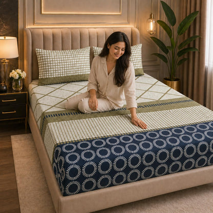 Premium Geometric Print Double Bedsheet Set with 2 Quilted Pillow Covers