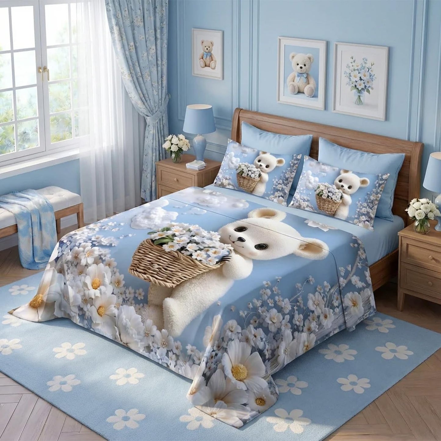 Cute Bunny 7D Digital Print King Size Cotton Blend Bedsheet Set with 2 Pillow Covers