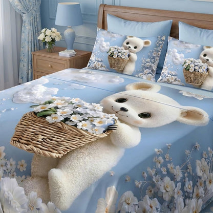 Cute Bunny 7D Digital Print King Size Cotton Blend Bedsheet Set with 2 Pillow Covers