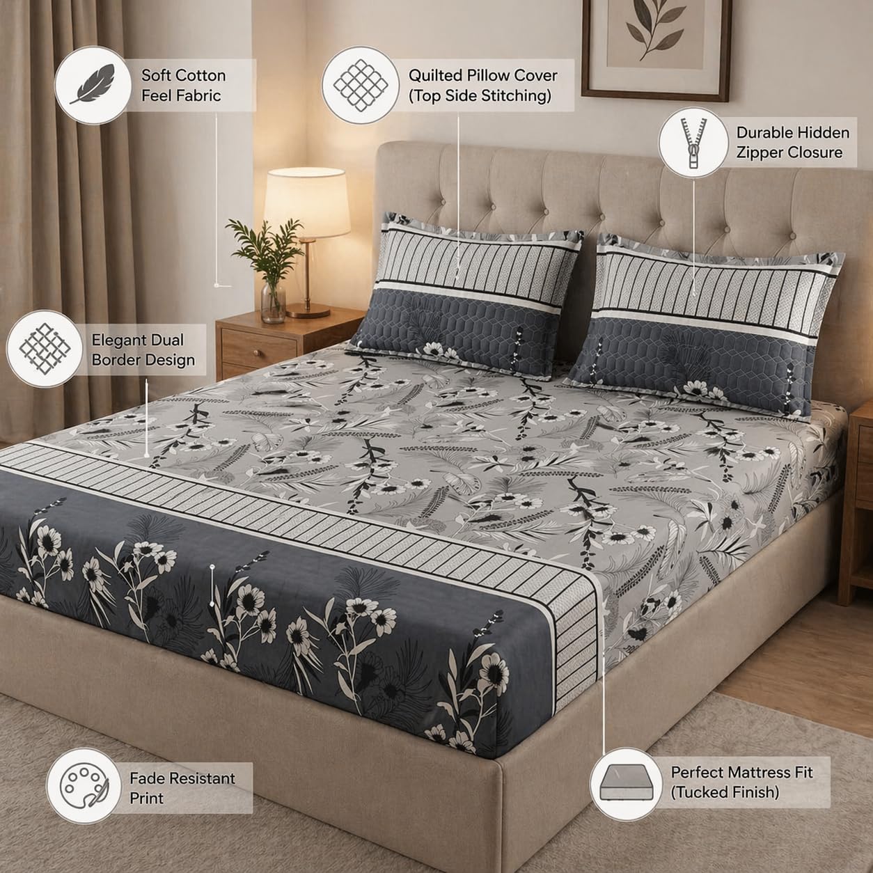 Grey & Blue Floral Double Bedsheet with Quilted Pillow Covers
