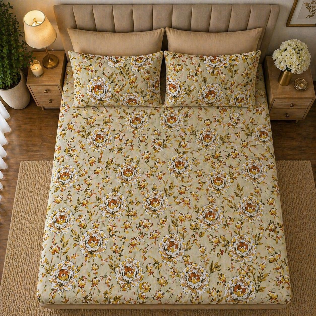 Yellow Floral Double Bedsheet Set with 2 Quilted Pillow Covers