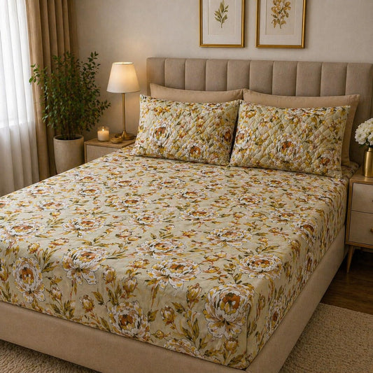 Yellow Floral Double Bedsheet Set with 2 Quilted Pillow Covers