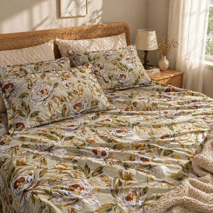 Yellow Floral Double Bedsheet Set with 2 Quilted Pillow Covers