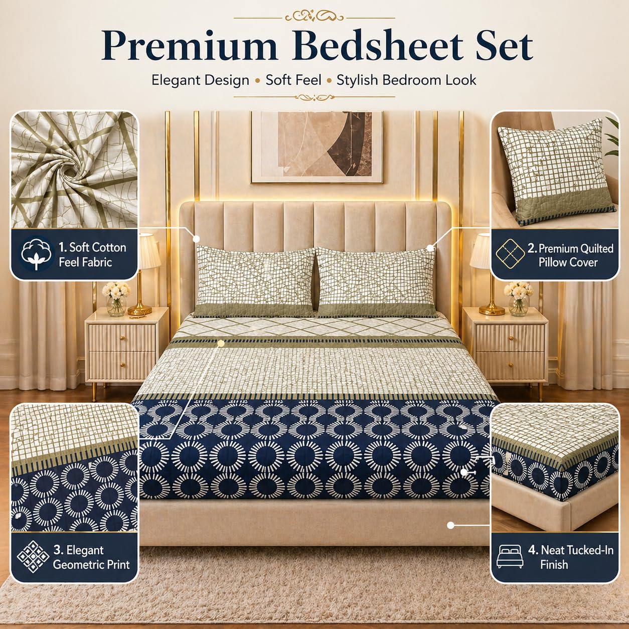 Premium Geometric Print Double Bedsheet Set with 2 Quilted Pillow Covers