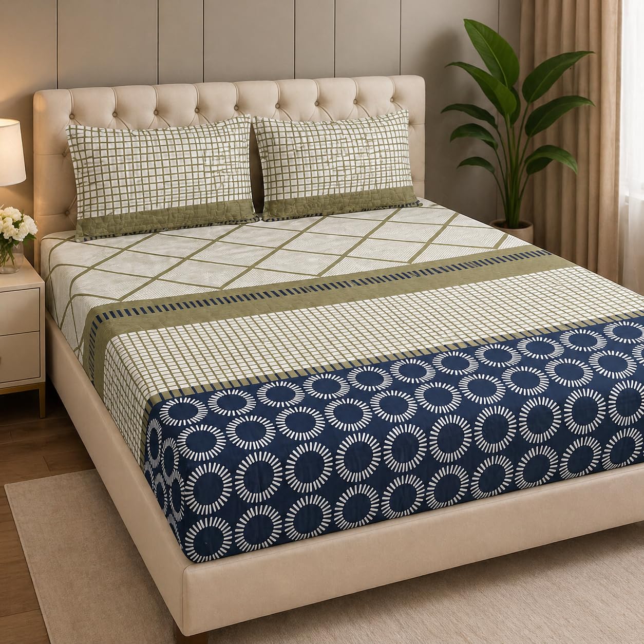 Premium Geometric Print Double Bedsheet Set with 2 Quilted Pillow Covers