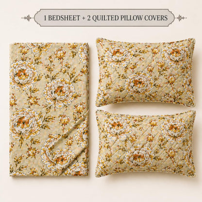 Yellow Floral Double Bedsheet Set with 2 Quilted Pillow Covers