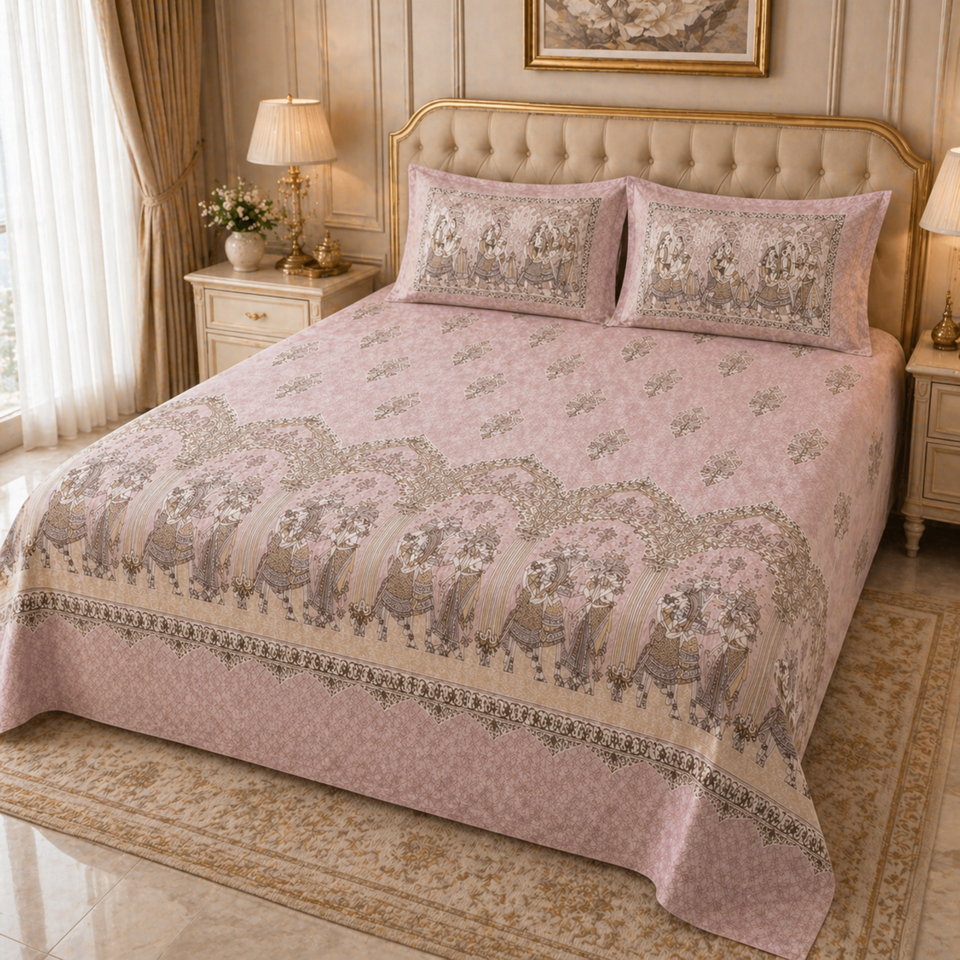Decorative pink bedspread with intricate patterns on a bed in a bedroom setting.