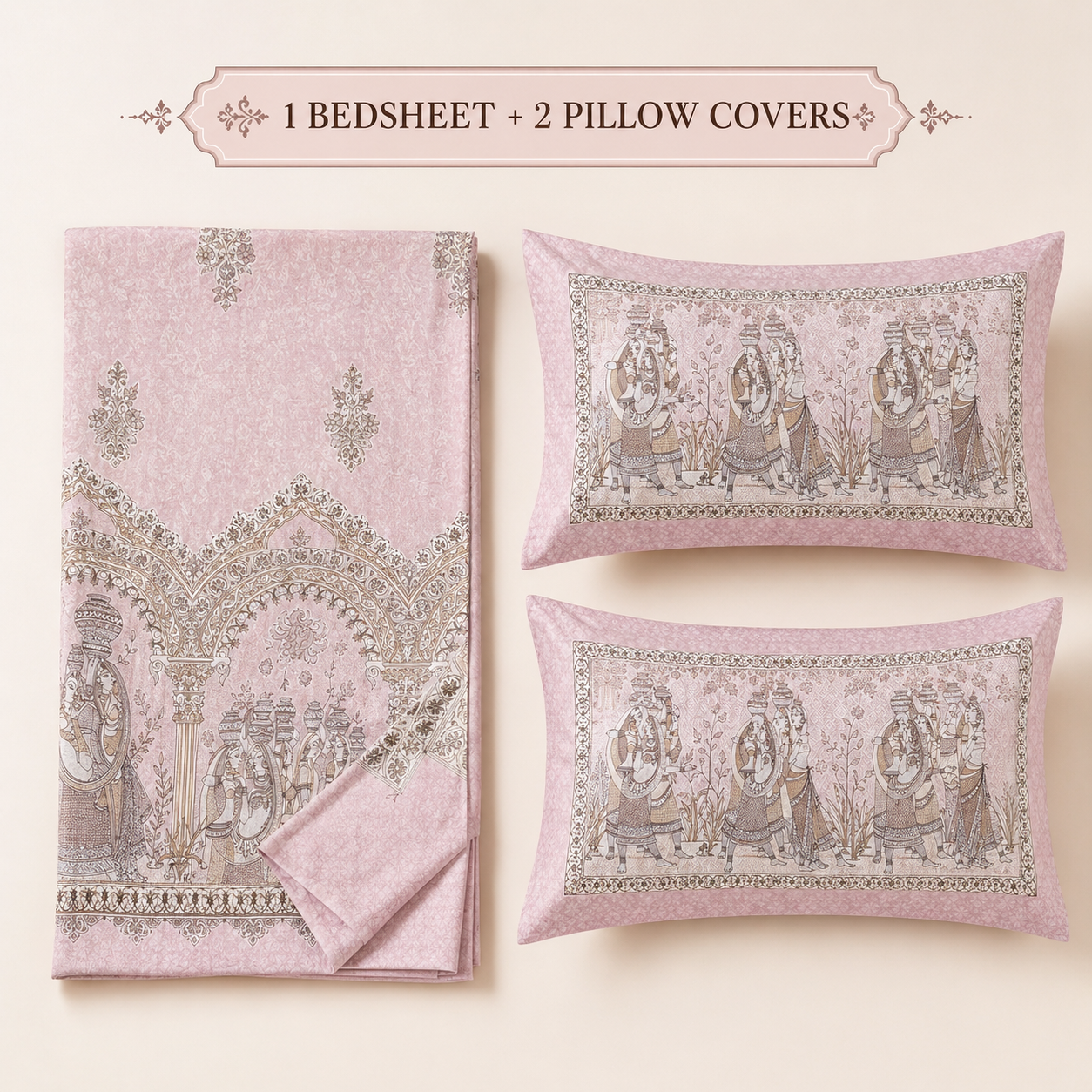 100% Pure Cotton Ethnic Pink Panel Print King Size Bedsheet Set with 2 Pillow Covers