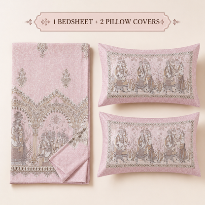 100% Pure Cotton Ethnic Pink Panel Print King Size Bedsheet Set with 2 Pillow Covers
