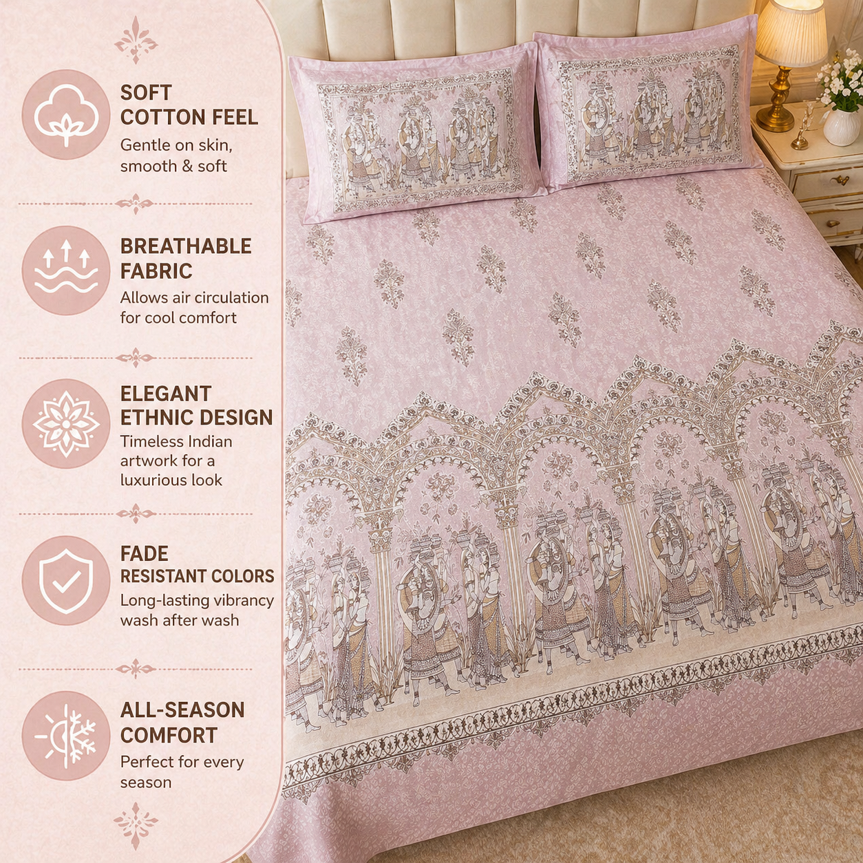 100% Pure Cotton Ethnic Pink Panel Print King Size Bedsheet Set with 2 Pillow Covers