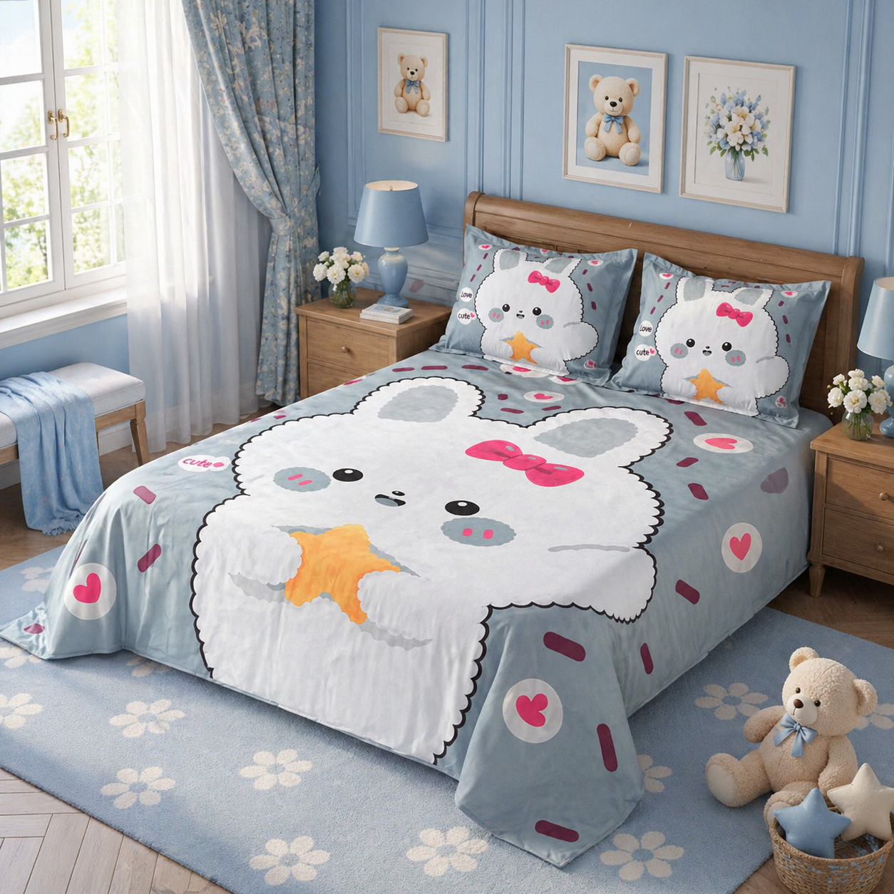 Cute Bunny Digital Print King Size Bedsheet Set