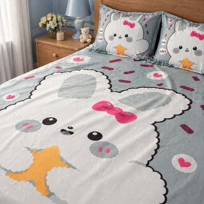 Cute Bunny Digital Print King Size Bedsheet Set
