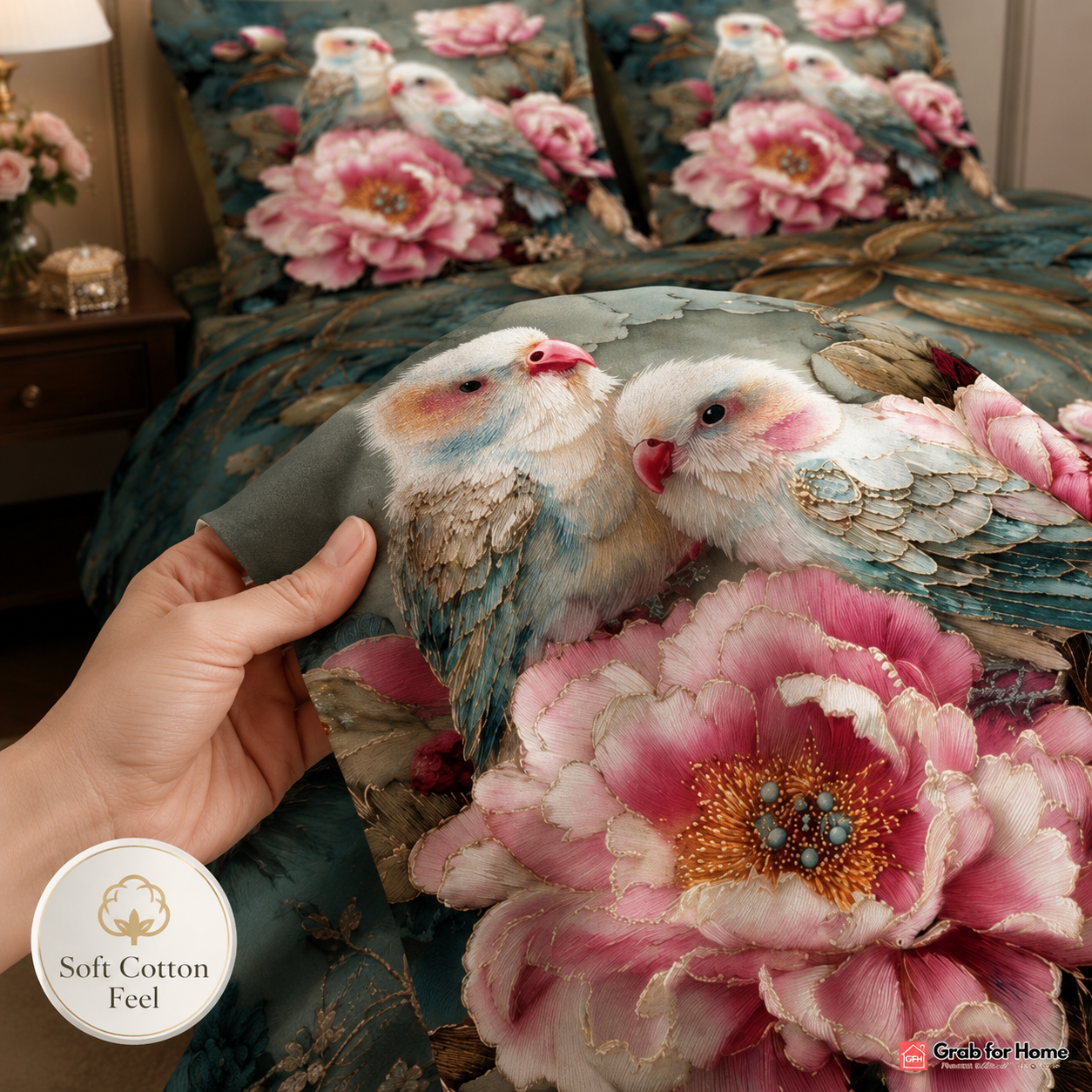 Decorative pillow with embroidered birds and flowers held by a hand, with 'Soft Cotton Feel' logo.