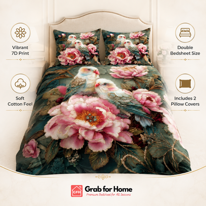 Romantic Love Birds Floral 7D Digital Print King Size Cotton Blend Bedsheet Set with 2 Pillow Covers