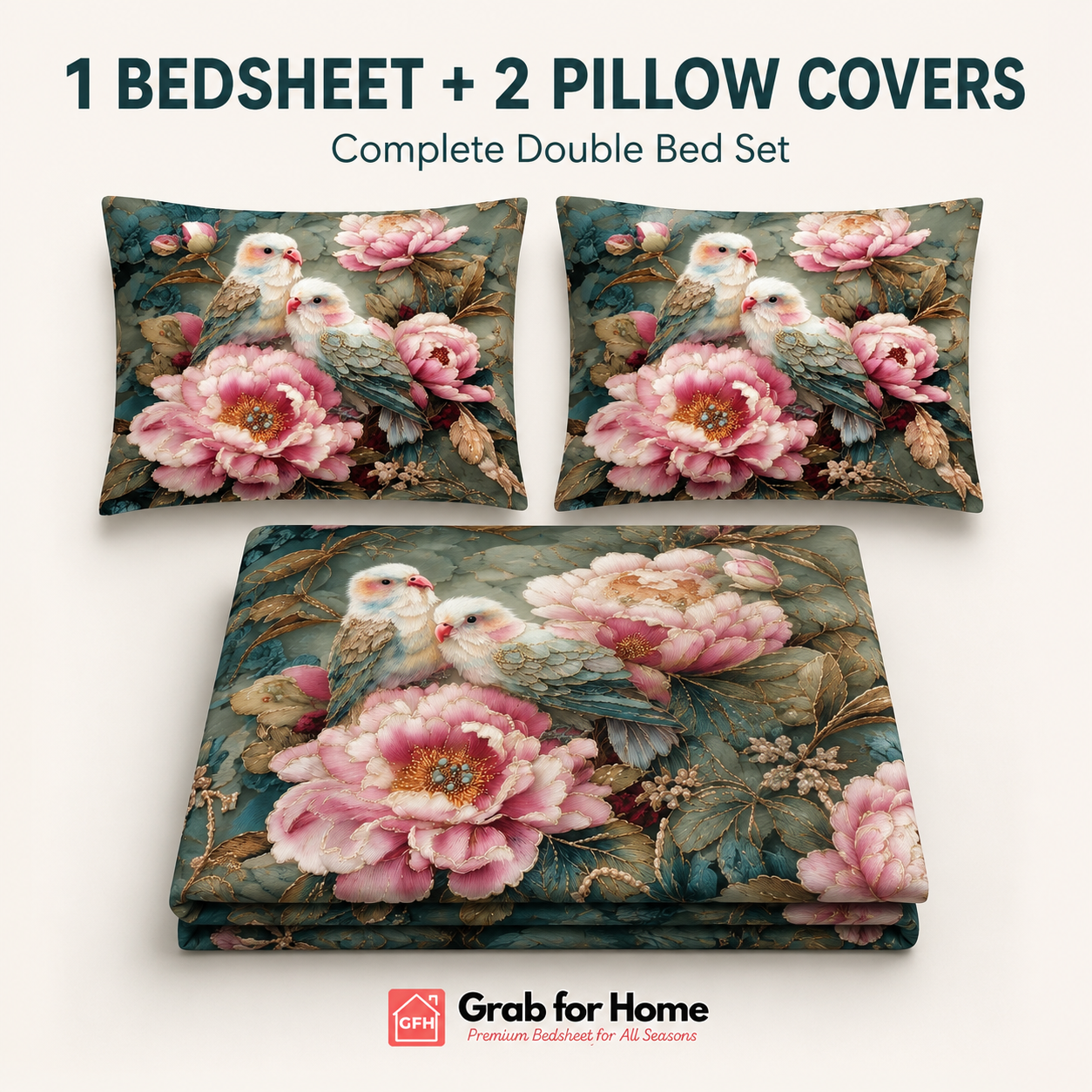 Romantic Love Birds Floral 7D Digital Print King Size Cotton Blend Bedsheet Set with 2 Pillow Covers