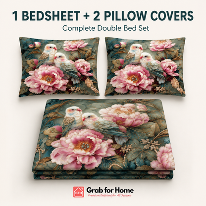 Romantic Love Birds Floral 7D Digital Print King Size Cotton Blend Bedsheet Set with 2 Pillow Covers