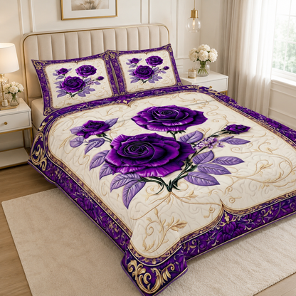 Purple rose floral bedding set on a bed in a bedroom setting.