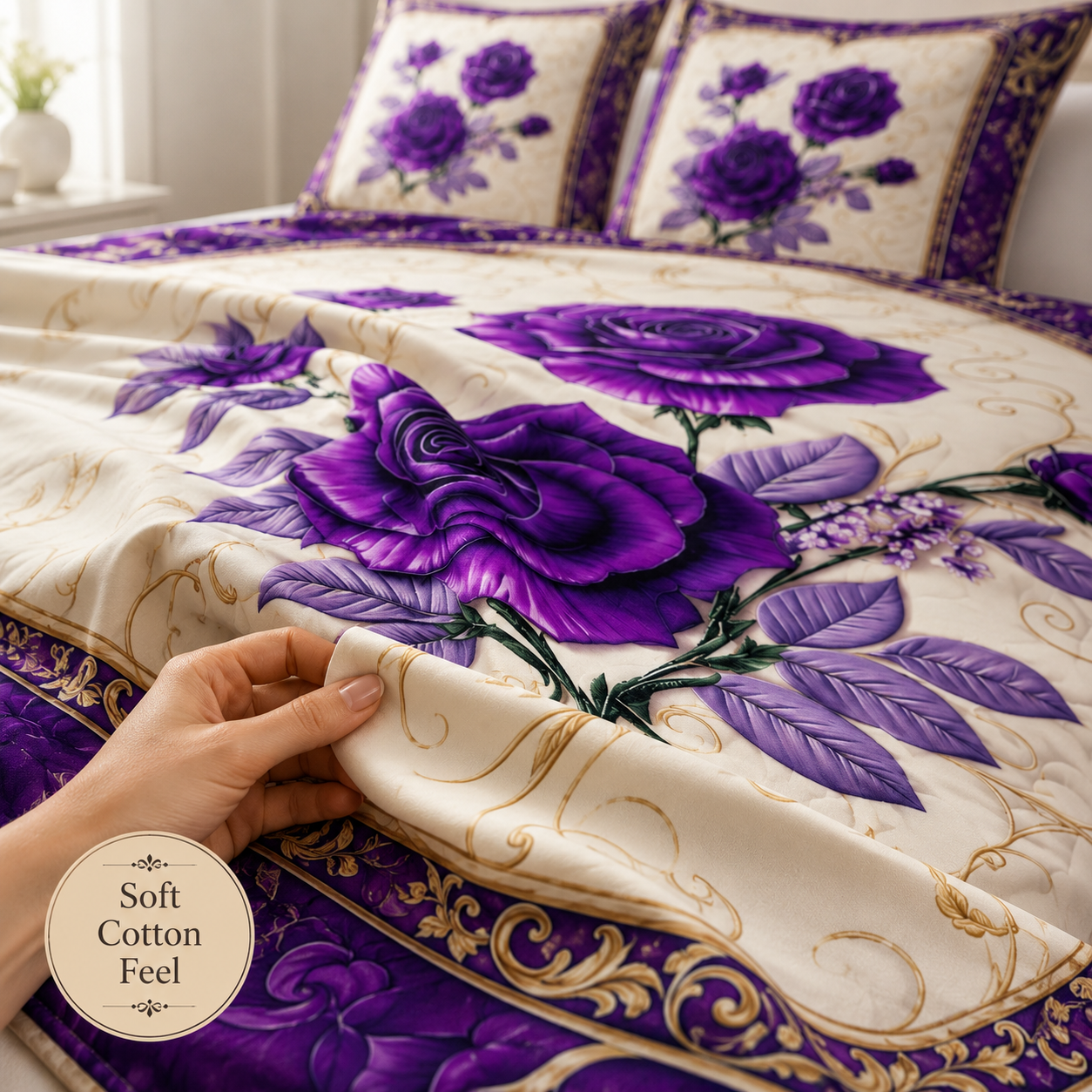 Purple floral bedding set with a hand holding fabric, labeled 'Soft Cotton Feel'.