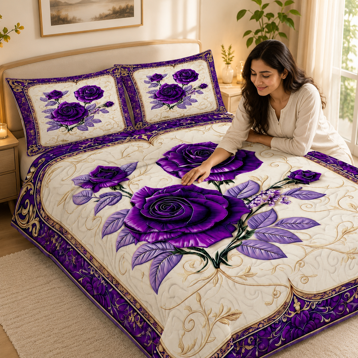 Royal White Purple Rose 7D Digital Print King Size Cotton Blend Bedsheet Set with 2 Pillow Covers