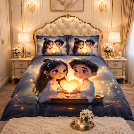 Romantic Couple 7D Digital Print King Size Cotton Blend Bedsheet Set with 2 Pillow Covers