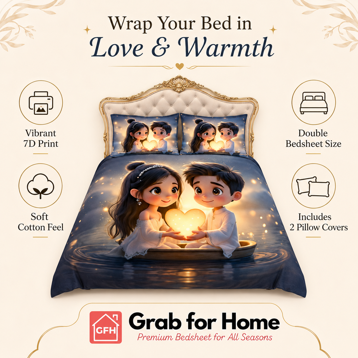 Romantic Couple 7D Digital Print King Size Cotton Blend Bedsheet Set with 2 Pillow Covers