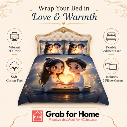 Romantic Couple 7D Digital Print King Size Cotton Blend Bedsheet Set with 2 Pillow Covers