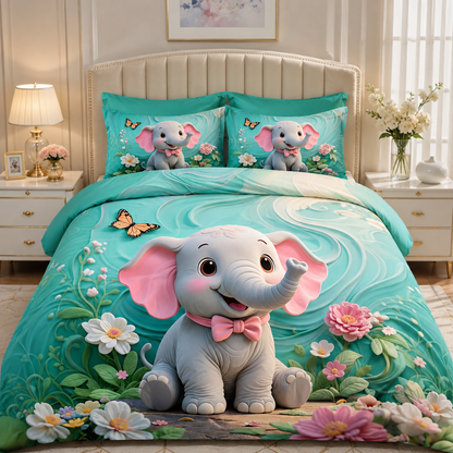 Happy Baby Elephant 7D Digital Print King Size Cotton Blend Bedsheet Set with 2 Pillow Covers