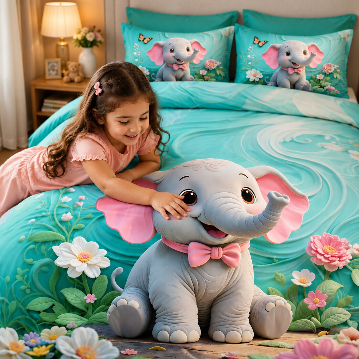 Happy Baby Elephant 7D Digital Print King Size Cotton Blend Bedsheet Set with 2 Pillow Covers