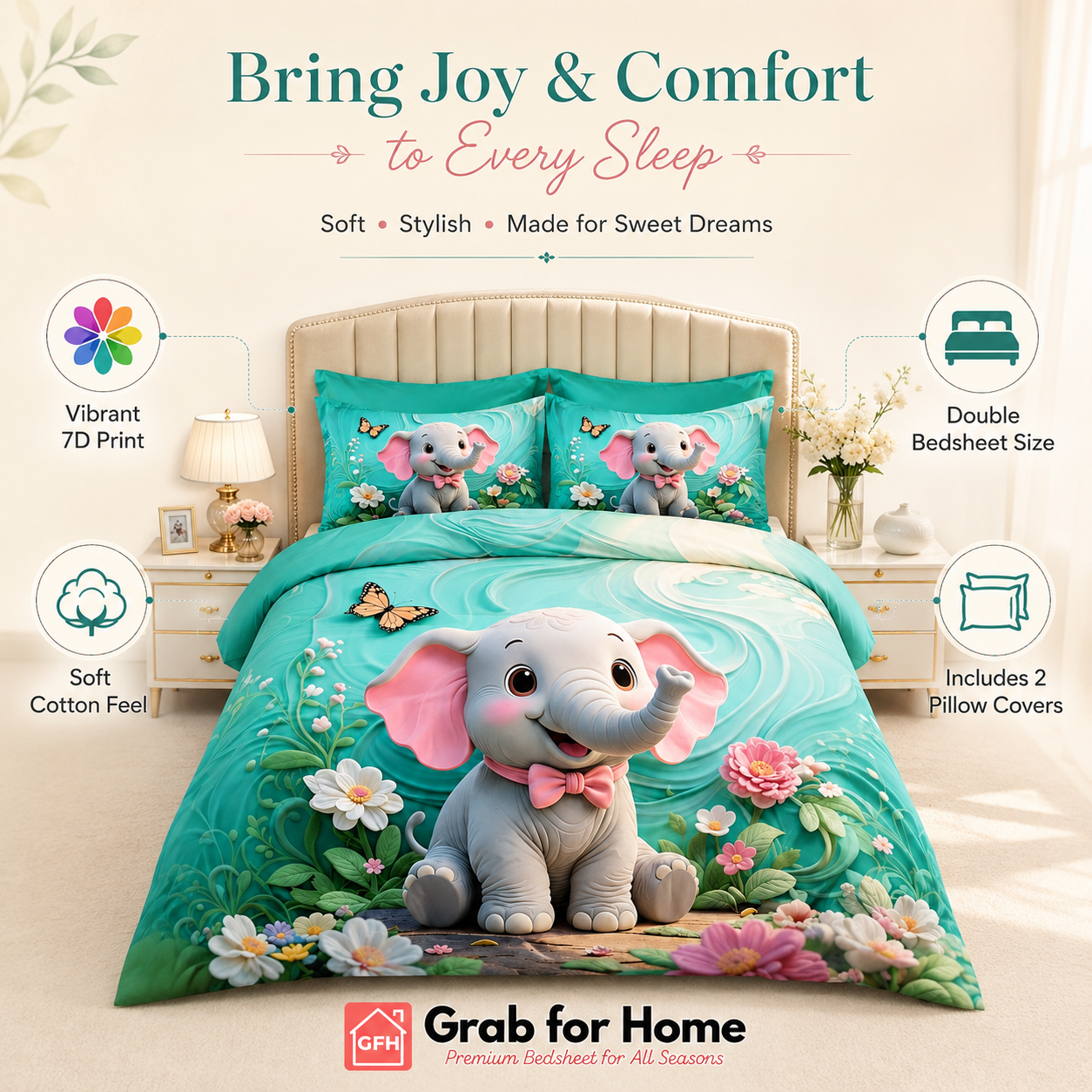 Happy Baby Elephant 7D Digital Print King Size Cotton Blend Bedsheet Set with 2 Pillow Covers