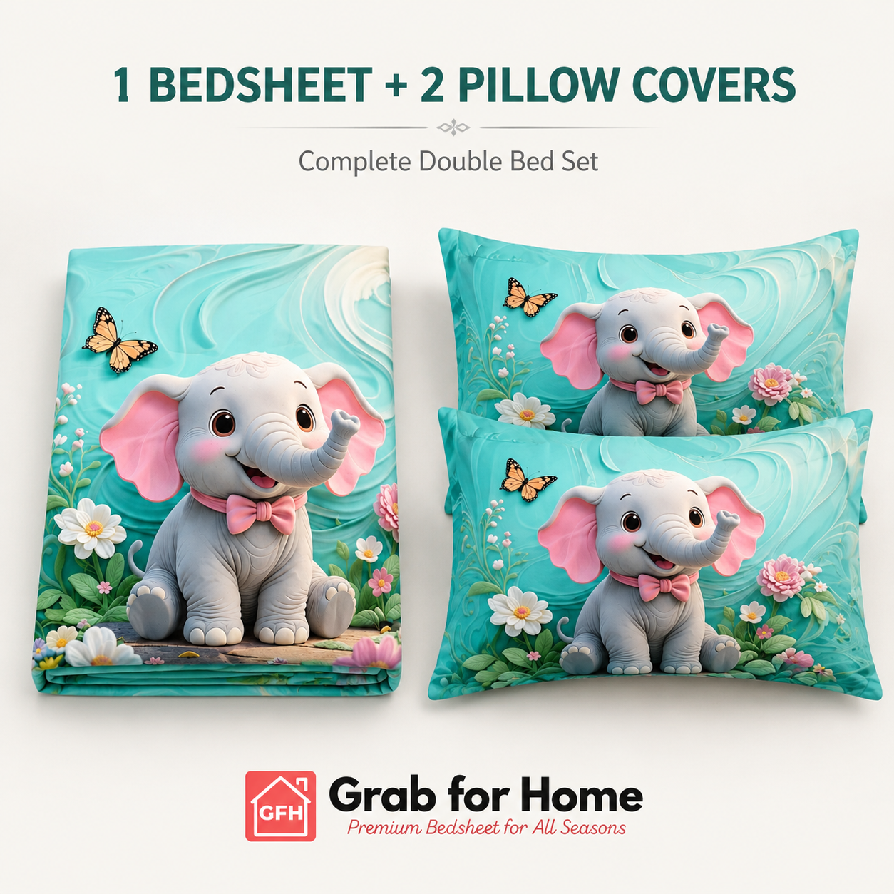 Happy Baby Elephant 7D Digital Print King Size Cotton Blend Bedsheet Set with 2 Pillow Covers