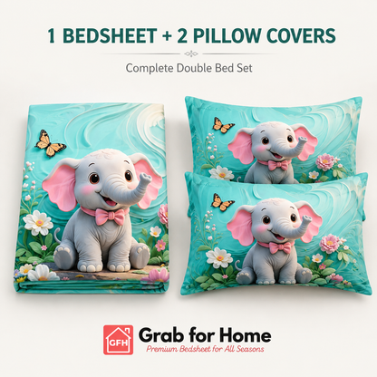 Happy Baby Elephant 7D Digital Print King Size Cotton Blend Bedsheet Set with 2 Pillow Covers