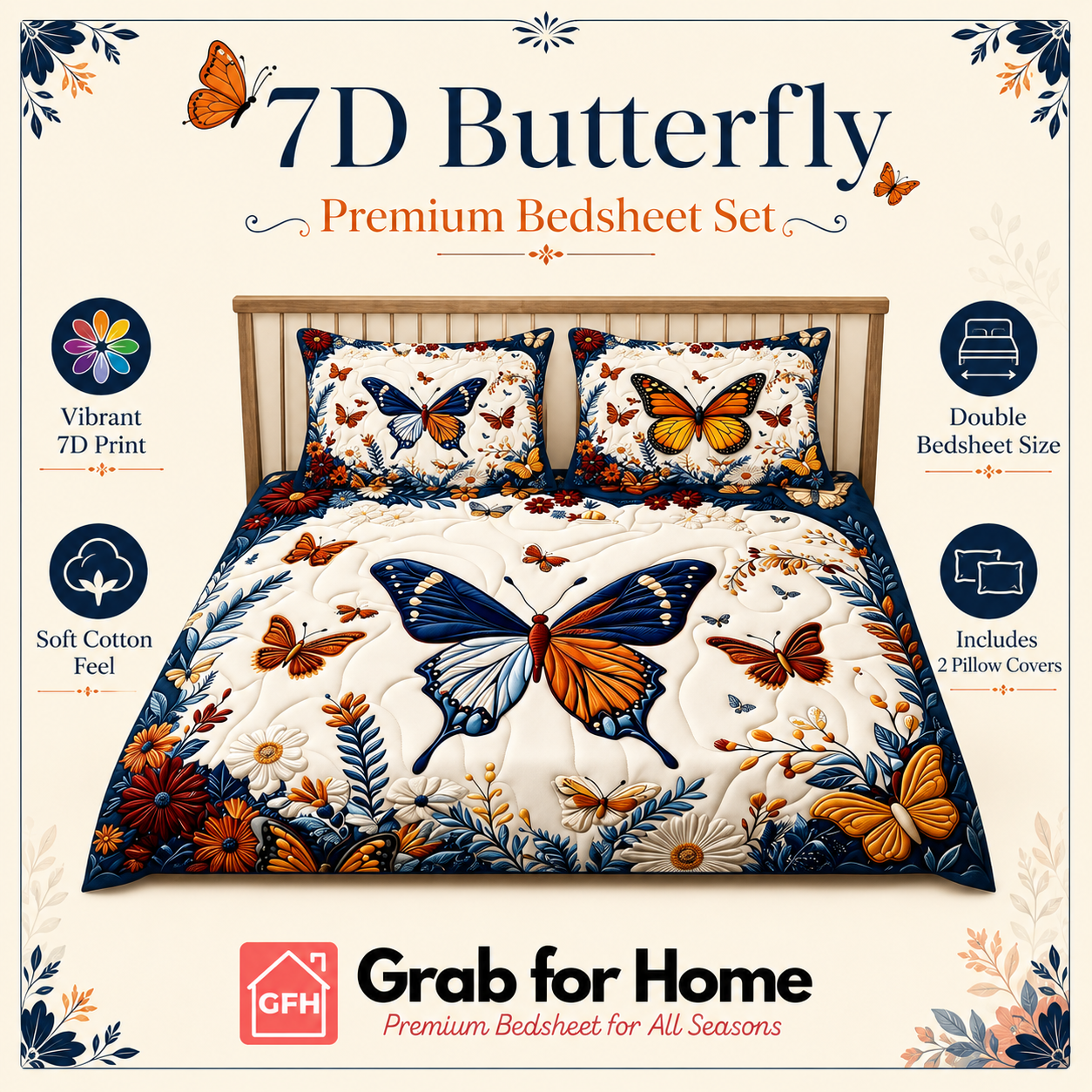 Butterfly Garden 7D Digital Print King Size Cotton Blend Bedsheet Set with 2 Pillow Covers