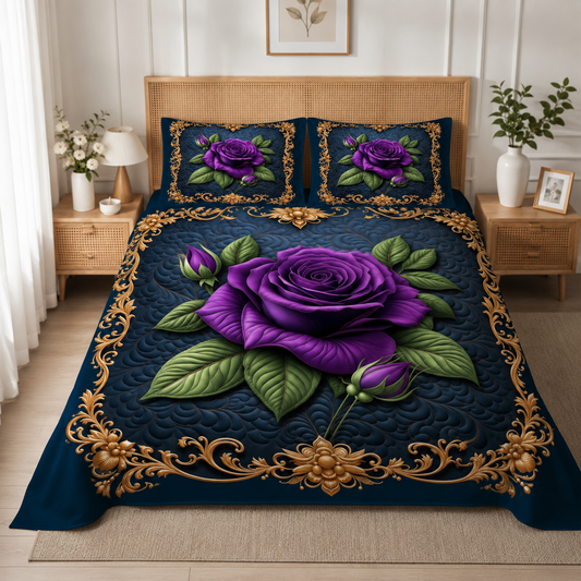 Royal Midnight Purple Rose 7D Digital Print King Size Cotton Blend Bedsheet Set with 2 Pillow Covers