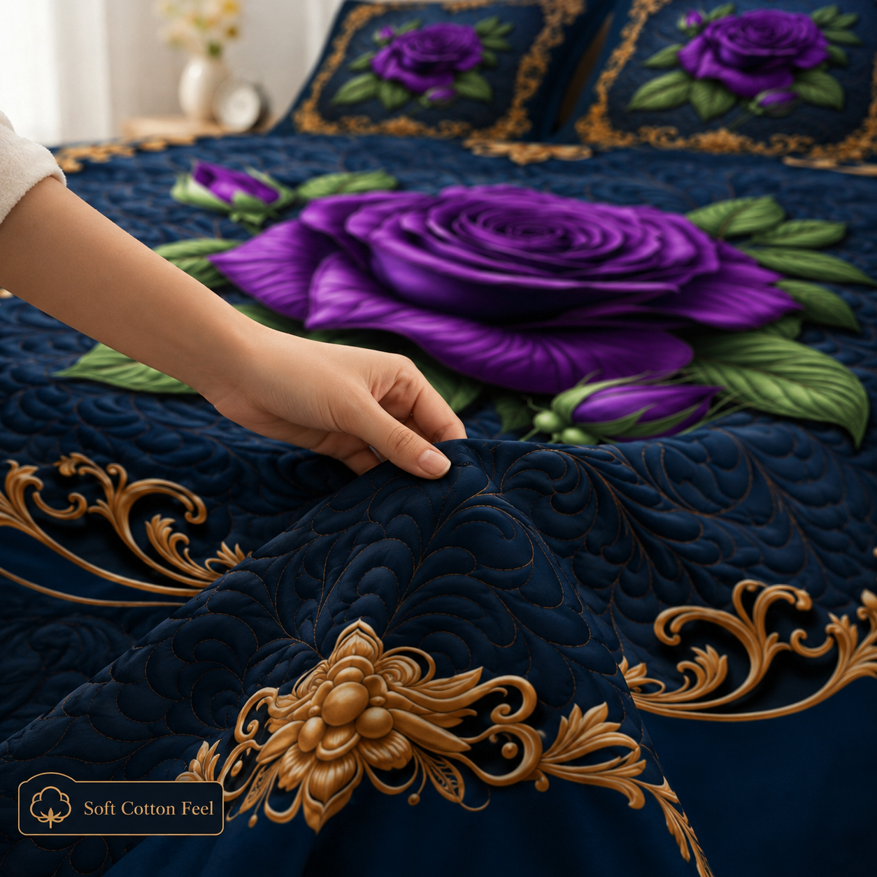 Royal Midnight Purple Rose 7D Digital Print King Size Cotton Blend Bedsheet Set with 2 Pillow Covers