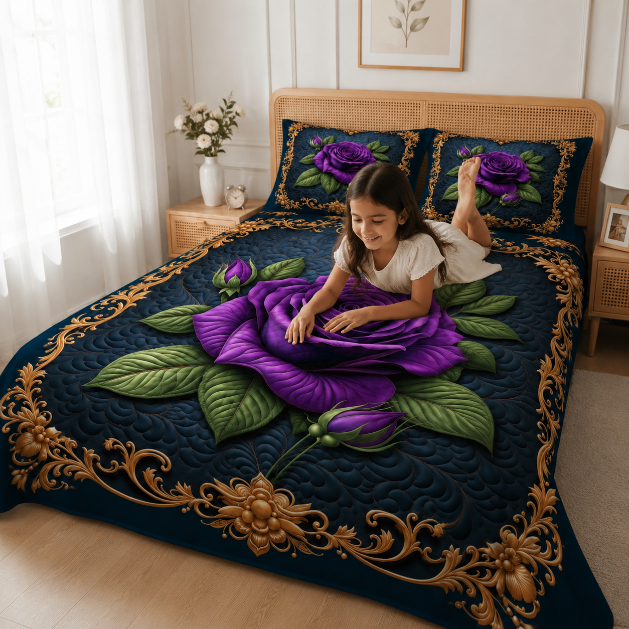 Royal Midnight Purple Rose 7D Digital Print King Size Cotton Blend Bedsheet Set with 2 Pillow Covers