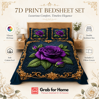 Royal Midnight Purple Rose 7D Digital Print King Size Cotton Blend Bedsheet Set with 2 Pillow Covers