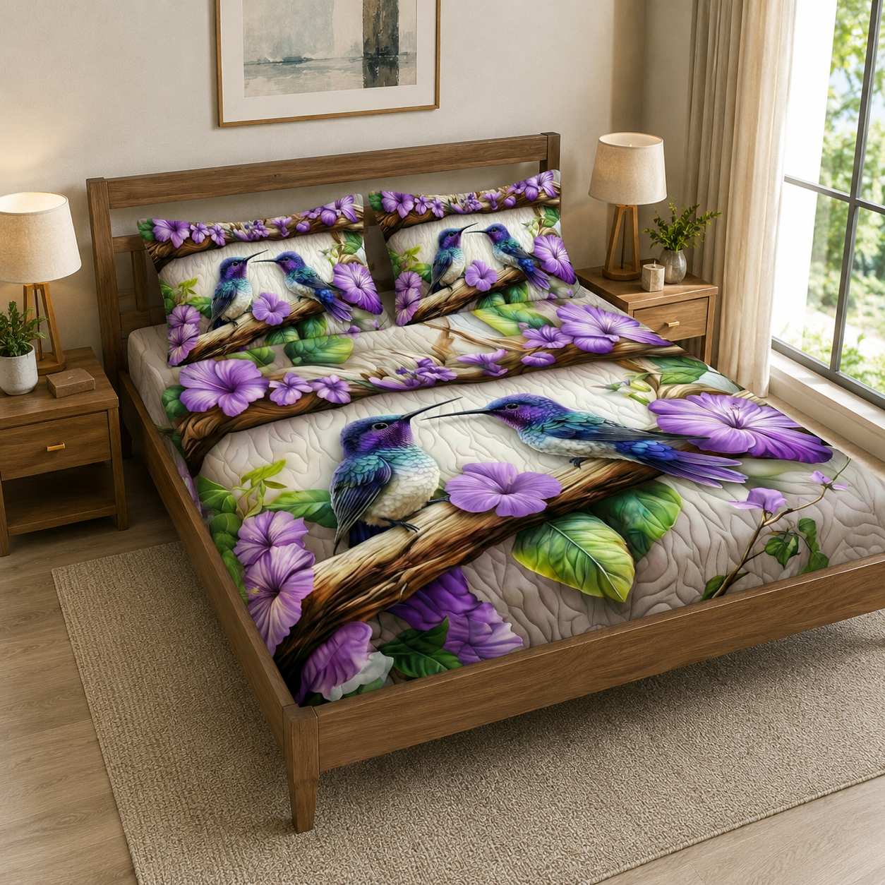 Hummingbird Blossom Garden 7D Digital Print King Size Cotton Blend Bedsheet Set with 2 Pillow Covers