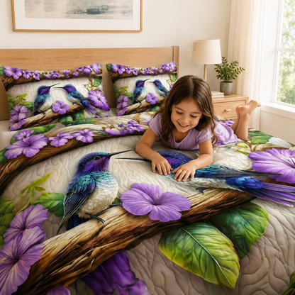 Hummingbird Blossom Garden 7D Digital Print King Size Cotton Blend Bedsheet Set with 2 Pillow Covers
