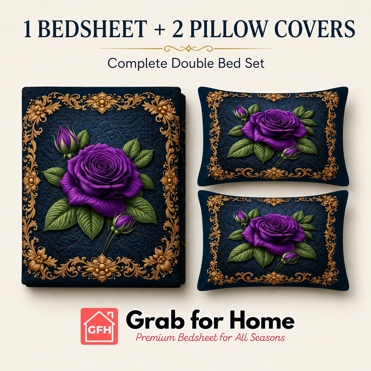 Royal Midnight Purple Rose 7D Digital Print King Size Cotton Blend Bedsheet Set with 2 Pillow Covers