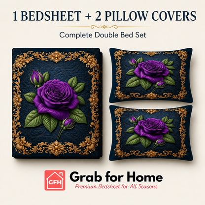 Royal Midnight Purple Rose 7D Digital Print King Size Cotton Blend Bedsheet Set with 2 Pillow Covers