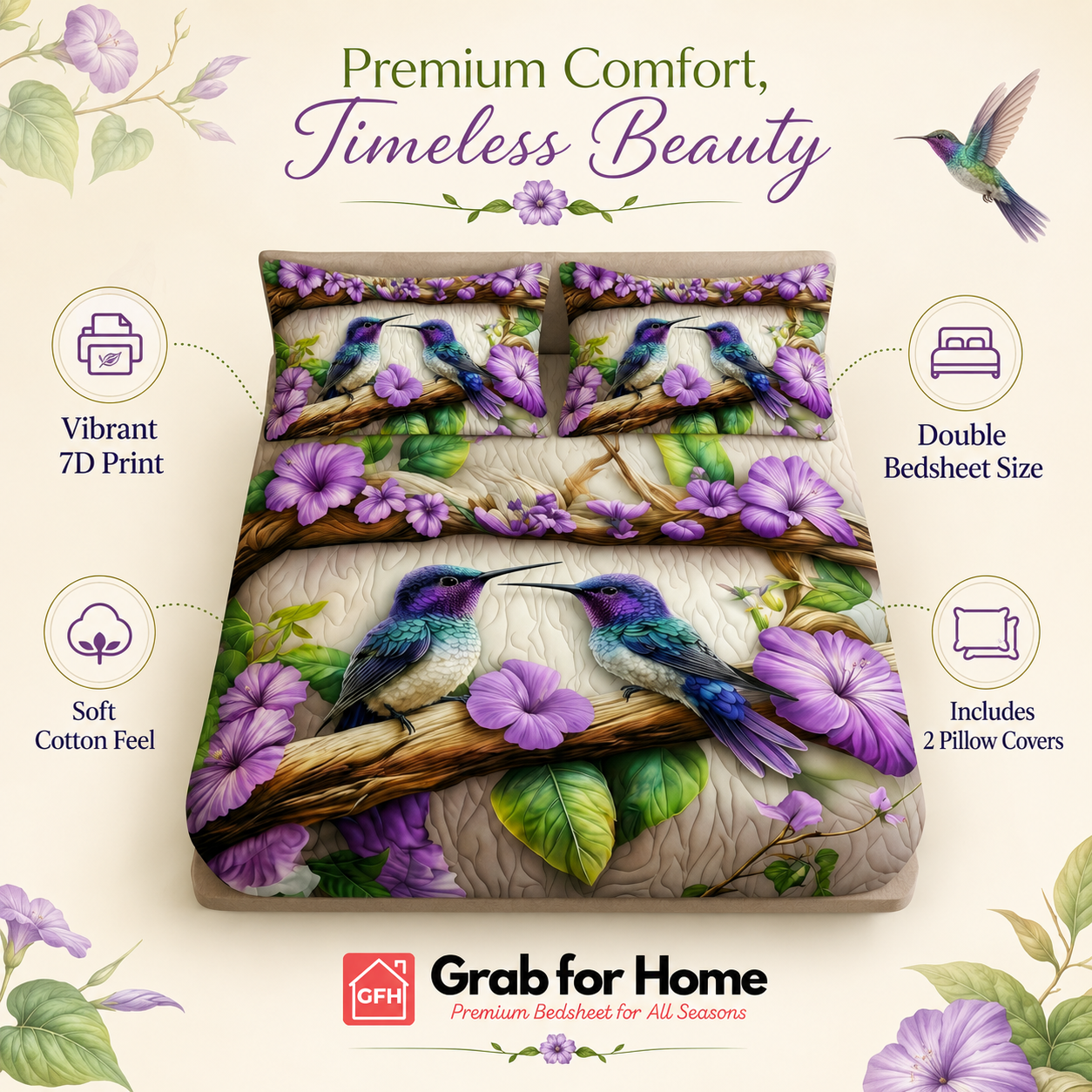 Hummingbird Blossom Garden 7D Digital Print King Size Cotton Blend Bedsheet Set with 2 Pillow Covers